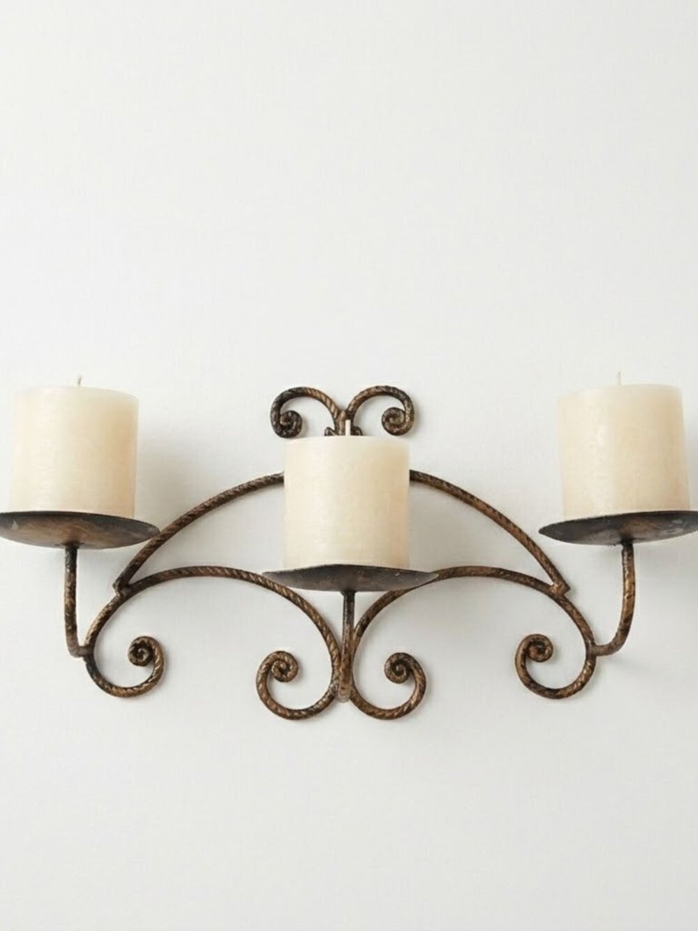 Vintage Wrought Iron 3 Cup Wall Sconce Candelabra Gold Patina Twisted Scroll 15"